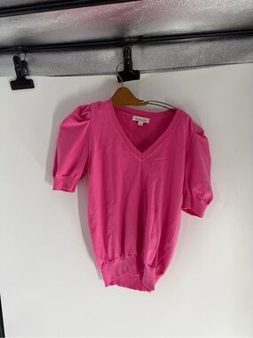 Pink V-Neck Puff Sleeve Women's Top